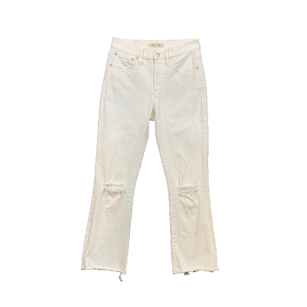 Madewell Jeans Womens 25 White Denim Cali Demi Boot Distressed Raw Hem Cropped